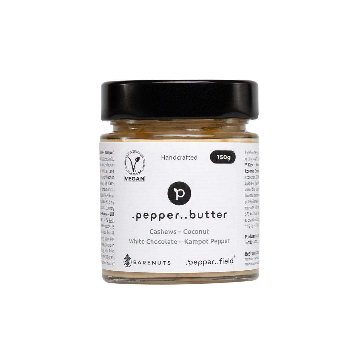Kešu máslo s kokosem, bílou čokoládou a Kampotským pepřem (150g)